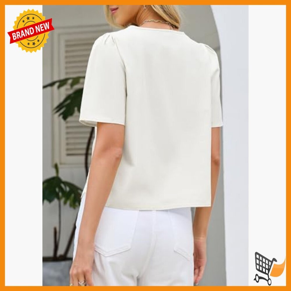 V-Neck Tie Front Crop Top with Puff Sleeves and Eyelet Embroidery - Picture 2 of 7